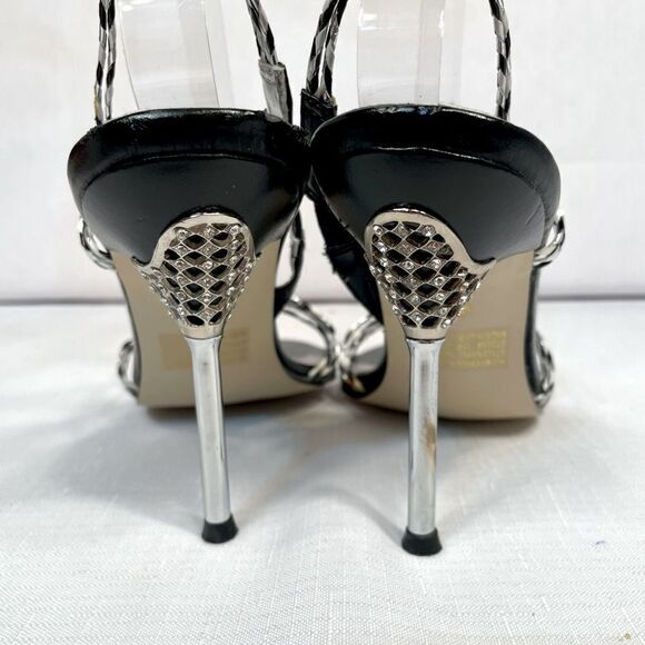 BLACK, WHITE & SILVER BRAID 4” HEEL SANDAL w RHINESTONES SAMDAL SIZE 8 EUC - Picture 6 of 8